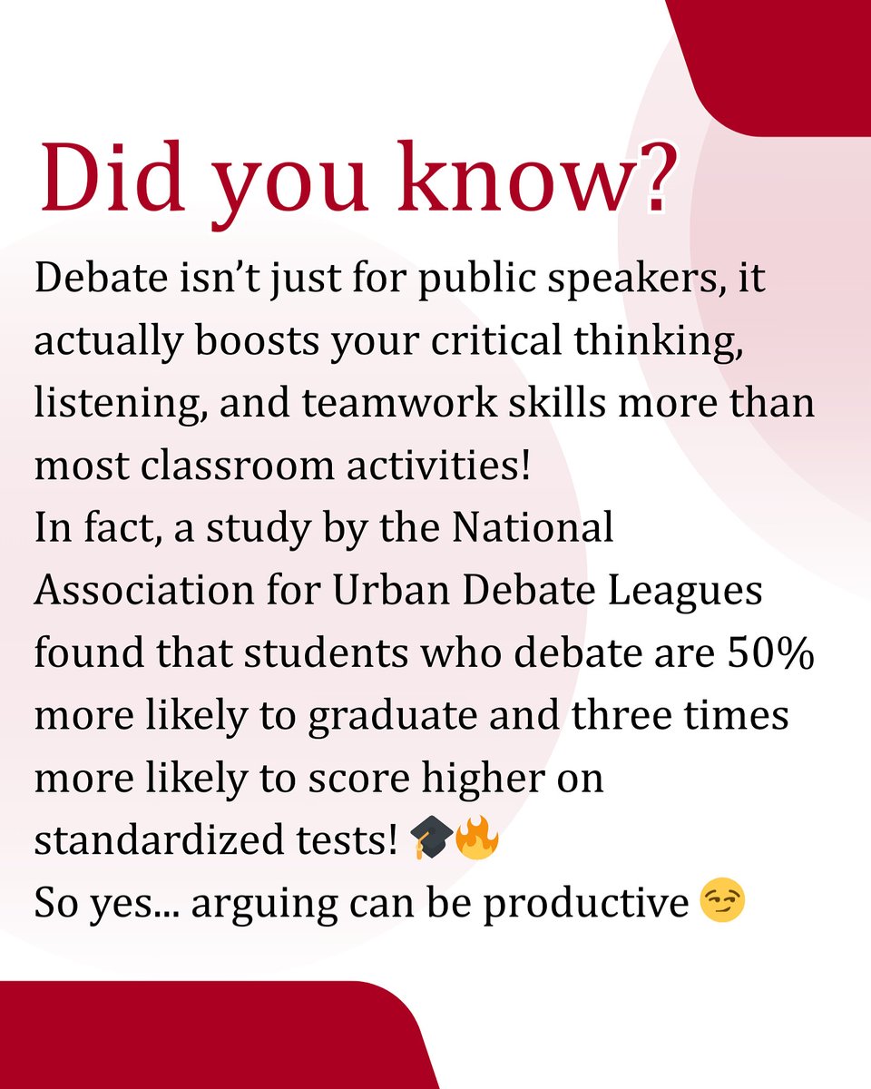 AspireDebateR's tweet photo. Debate = confidence + critical thinking + better listening.
Yes, arguing can be productive 😏
#DidYouKnow
#DebateFacts #AspireDebateRwanda https://t.co/k89OHTJ4Ck