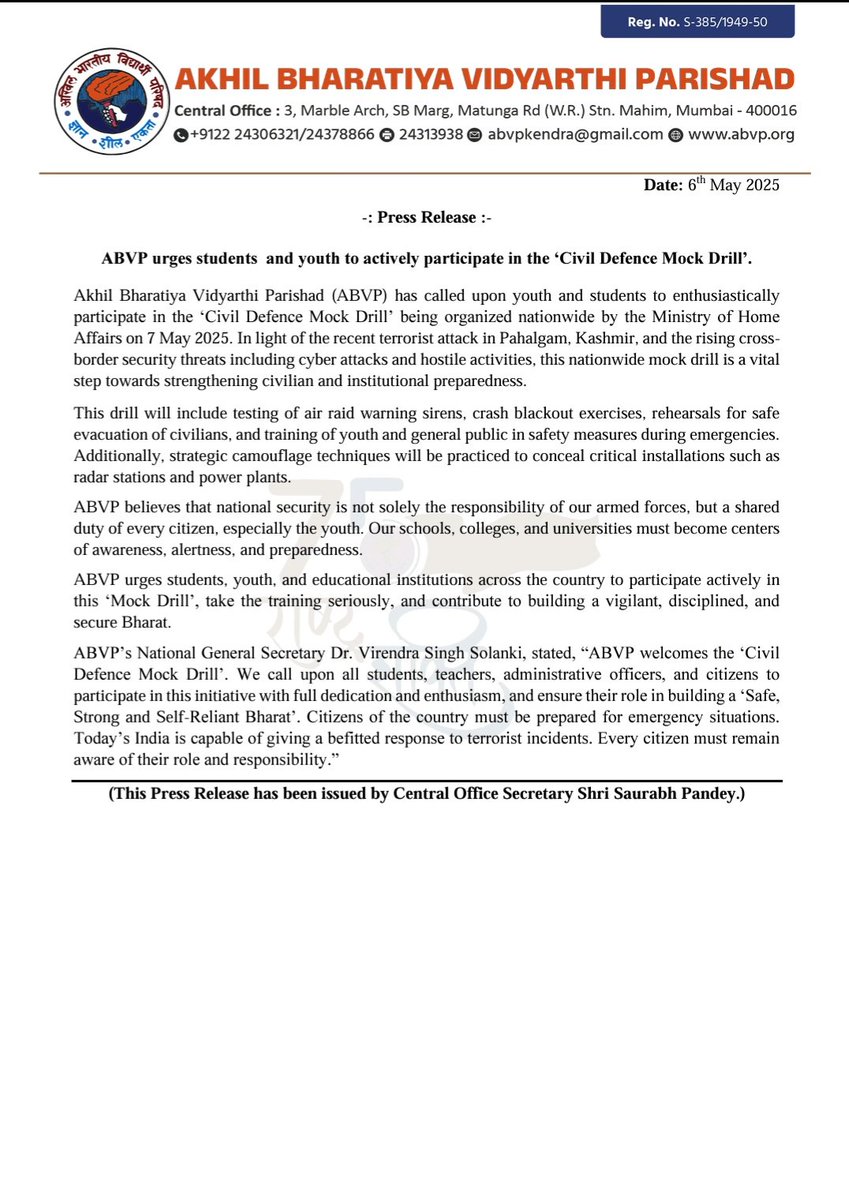 Press Release(abvp.org/Press/ABVP_urg…)

ABVP urges students  and youth to actively participate in the ‘Civil Defence Mock Drill’.

Akhil Bharatiya Vidyarthi Parishad (ABVP) has called upon youth and students to enthusiastically participate in the ‘Civil Defence Mock Drill’ being