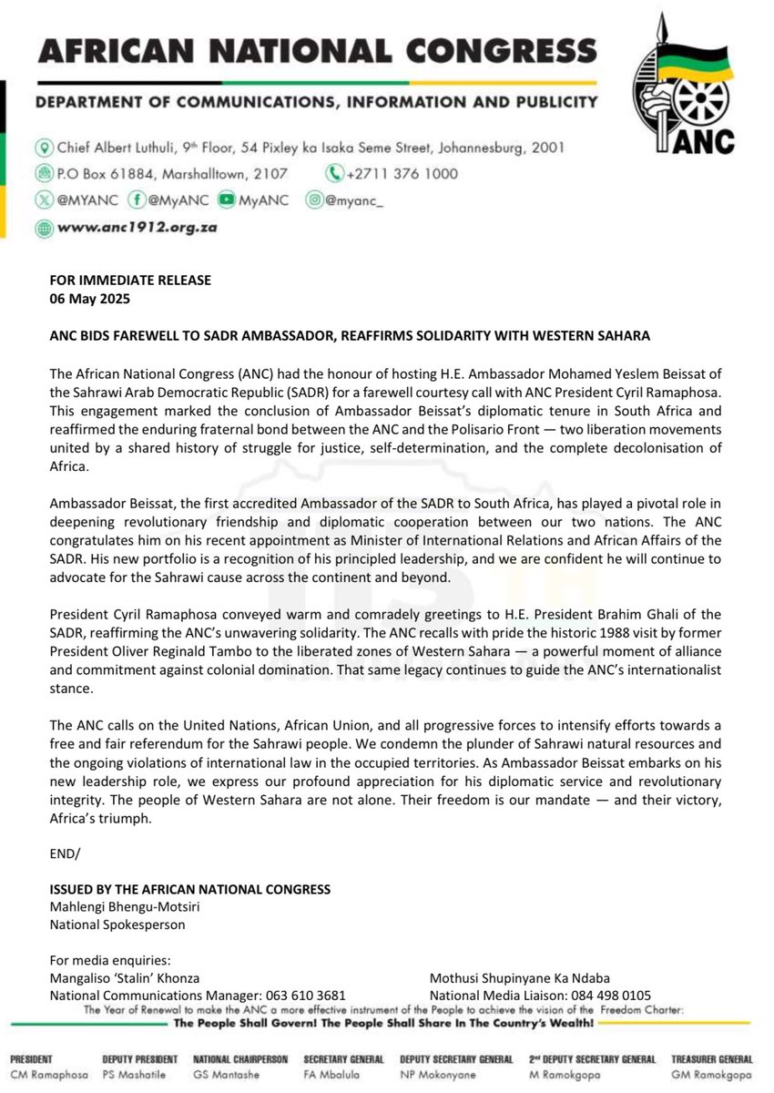 ANC BIDS FAREWELL TO SADR AMBASSADOR, REAFFIRMS SOLIDARITY WITH WESTERN SAHARA