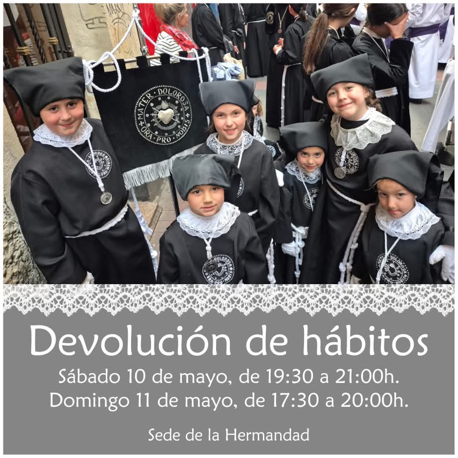 Os recordamos que, este fin de semana, en la sede de la Hermandad, se realizará la devolución de hábitos de Pajes.
El sábado de 19:30 a 21:00h y el domingo de 17:30 a 20:00h.

📸 Teresa Izquierdo Mayorga

#DolorosaZgz #Pajes #SemanaSantaZgz