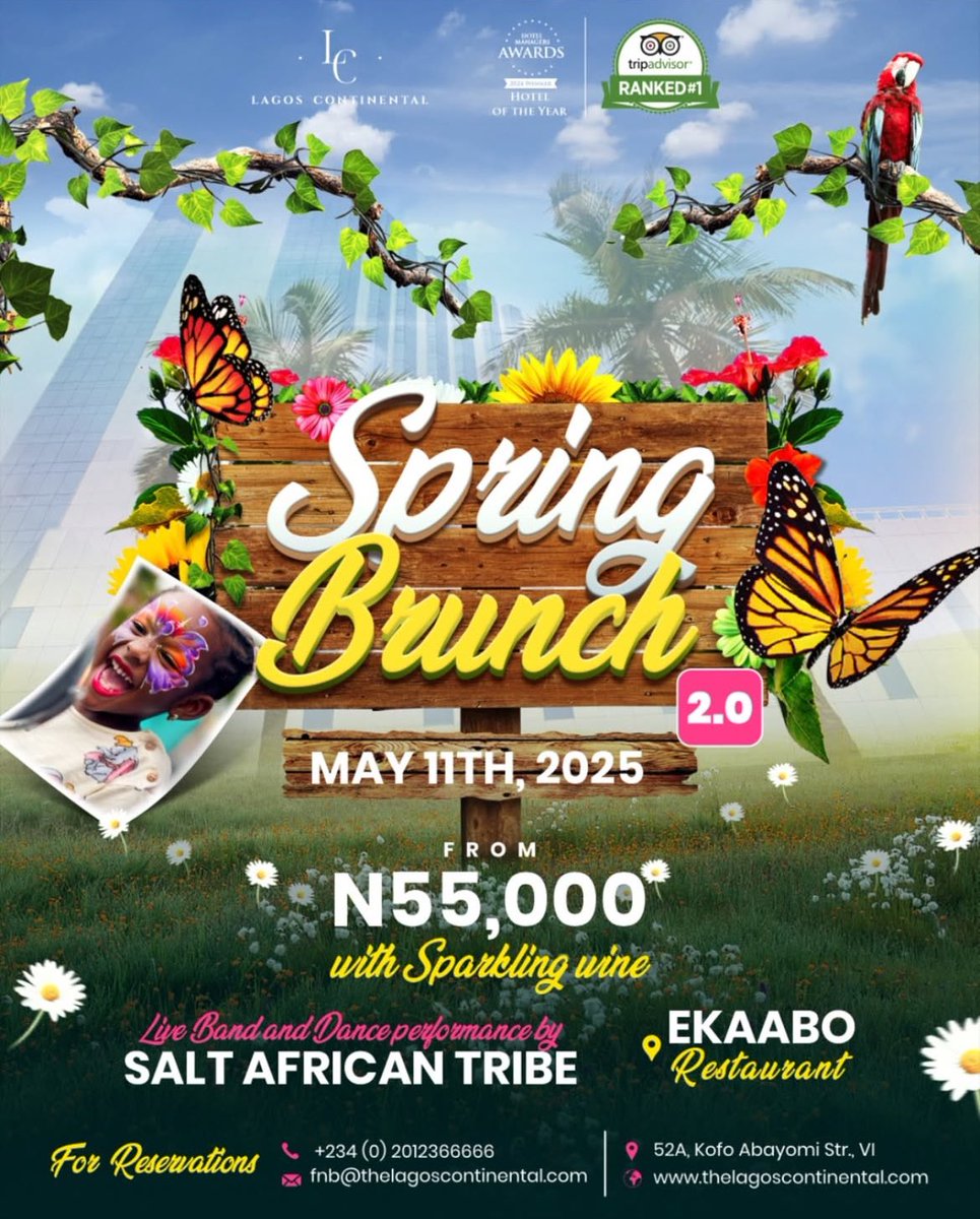 Lagos Continental (@thelchotel) on Twitter photo Join our Spring Brunch 2
- Blooming buffet spread
- Sweet treats on our ice cream cart
- Live vibes thatāll get you moving
- Decadent desserts to satisfy your sweet tooth
Book now and welcome spring in style!
Call: +234 (0)2012366666
Email: reservations@thelagoscontinental.com Join our Spring Brunch 2
- Blooming buffet spread
- Sweet treats on our ice cream cart
- Live vibes thatāll get you moving
- Decadent desserts to satisfy your sweet tooth
Book now and welcome spring in style!
Call: +234 (0)2012366666
Email: reservations@thelagoscontinental.com