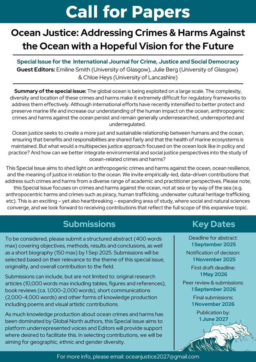 Call for Papers: Some colleagues in <a href="/TheSCCJR/">SCCJR</a> are involved in editing this Special Issue on 'Ocean Justice: Addressing Crimes and Harms against the Ocean with a Hopeful Vision for the Future.' 🌊
#Criminology #GreenCriminology #Oceans #Zemiology #CfP