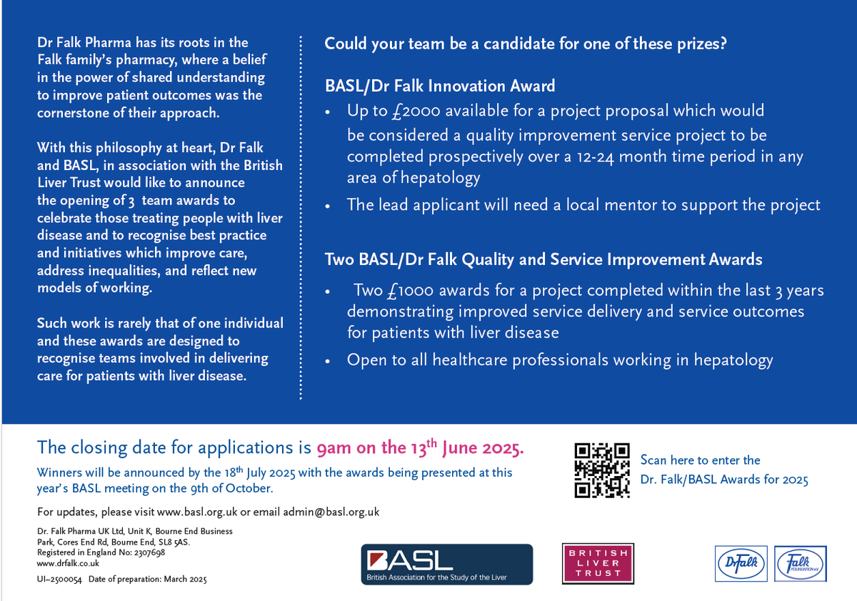DR FALK (@drfalkuk) on Twitter photo The 2025 BASL Awards are open! Rewarding teams working on an Innovation or Quality Service Improvement project in #hepatology With British Liver Trust <a href="/LiverTrust/">British Liver Trust</a> <a href="/BASL_events/">BASL</a> #hepatologyawards Scan QR code to learn more & be inspired by previous winners uk.drfalkpharma.com/en/dr-falk-awa… The 2025 BASL Awards are open! Rewarding teams working on an Innovation or Quality Service Improvement project in #hepatology With British Liver Trust <a href="/LiverTrust/">British Liver Trust</a> <a href="/BASL_events/">BASL</a> #hepatologyawards Scan QR code to learn more & be inspired by previous winners uk.drfalkpharma.com/en/dr-falk-awa…