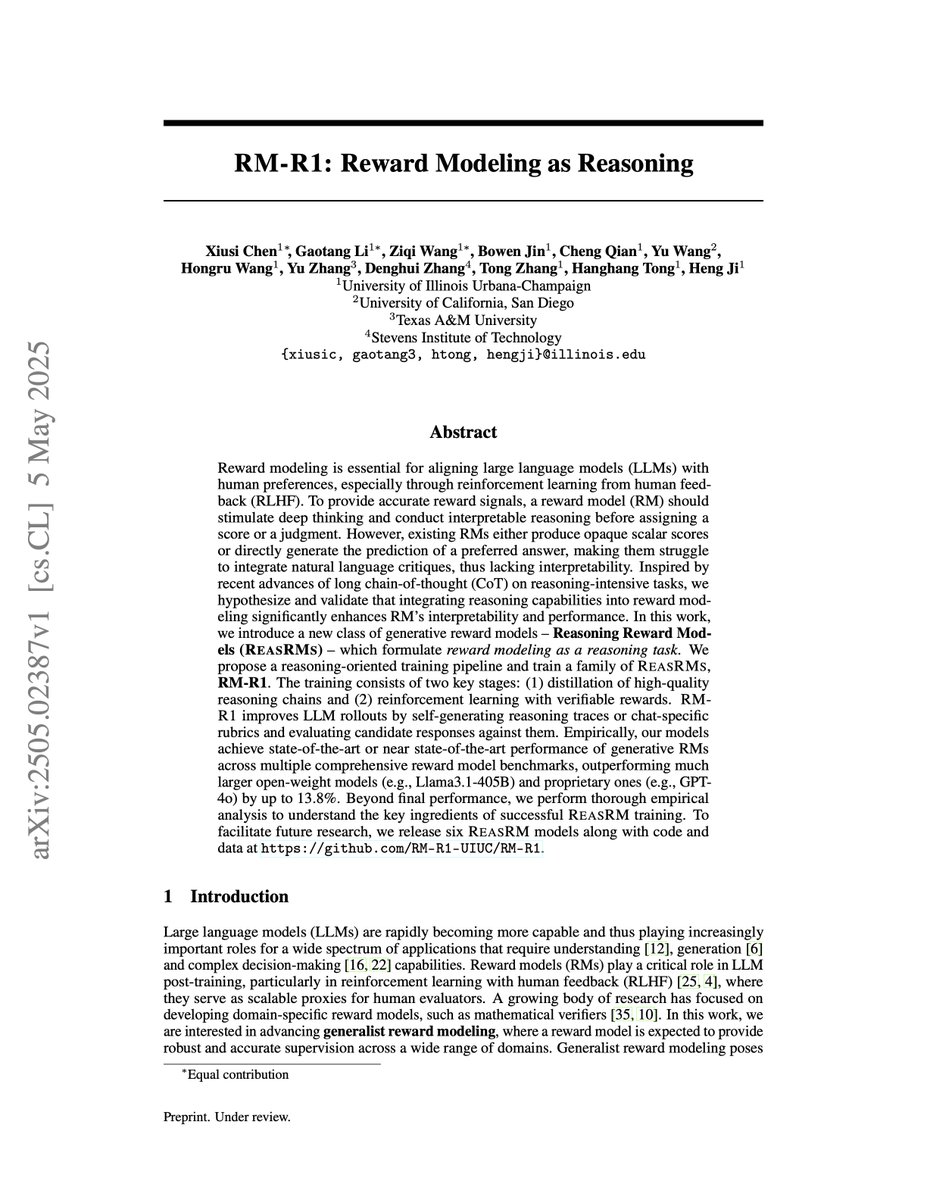 xiusi_chen's tweet image. 🚀 Can we cast reward modeling as a reasoning task?
📖 Introducing our new paper:
RM-R1: Reward Modeling as Reasoning
📑 Paper: arxiv.org/pdf/2505.02387
💻 Code: github.com/RM-R1-UIUC/RM-…
Inspired by recent advances of long chain-of-thought (CoT) on reasoning-intensive tasks, we…
