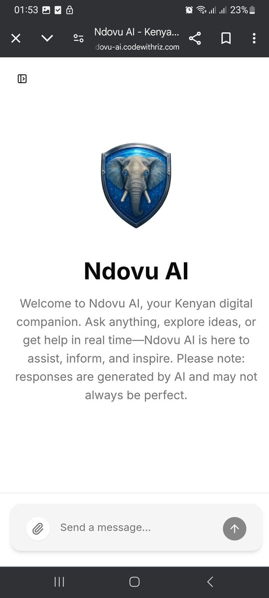 Welcome to ndovu ai....the second ever kenyan ai chatbot😅 that has the ability to speak fluent swahili and most kenyan languages.

ndovu-ai.codewithriz.com

(All thanks to openAi apis and a little bit of English as a language. Ofcourse and a little bit of vibe coding for 3-4hrs)