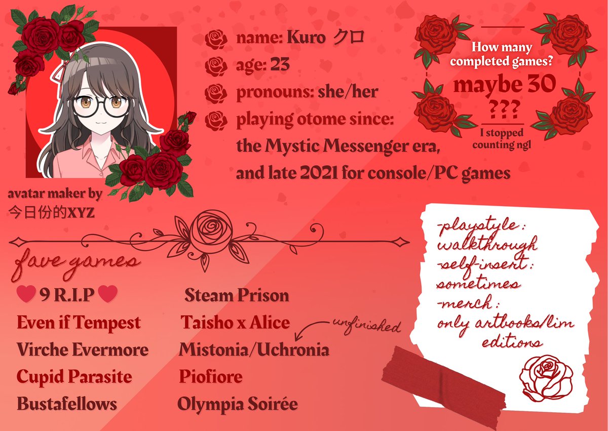 kuro_473's tweet image. New otome intro! I didn’t play that many games since the last one but oh well
I went for a completely different vibe this time 🌹
Let’s be friends!! 🫶🏻 I’ll try to be more active but I’m shy 🙈 
Also I’m taking requests for custom intros 🥹

#otometwt #otometwtintro