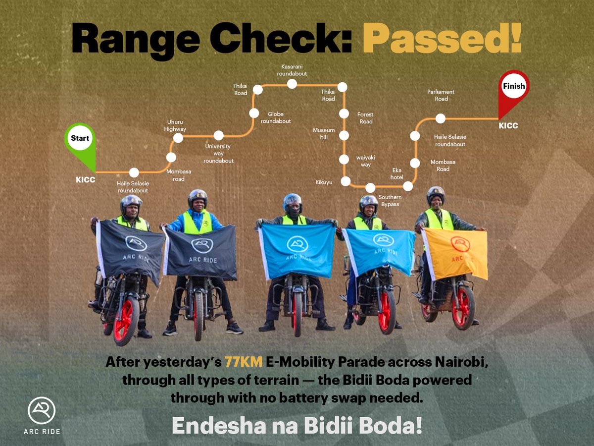 The Bidii Boda powered through 77 KM of Nairobi on a full dual battery—clean, smooth, and reliable. ⚡ 

This is what locally built e-mobility looks like. 🇰🇪

Plus, with 150+ swap stations citywide, support was always nearby.

Ride Electric. Ride ARC Ride. 🔋