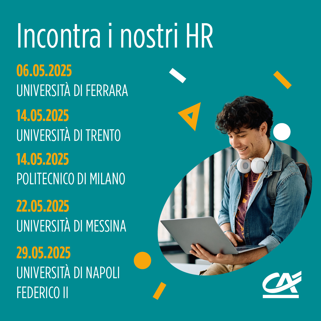 Crédit Agricole Italia (@ca_ita) on Twitter photo Crédit Agricole Italia torna nelle università per conoscere chi ha voglia di costruire il proprio percorso professionale. Trasforma il tuo potenziale in opportunità.
Passa a trovarci:
🗓06/05 – <a href="/UniFerrara/">Università Ferrara</a>
🗓14/05 – <a href="/UniTrento/">Università di Trento</a> e <a href="/polimi/">Politecnico di Milano</a>
🗓22/05 – <a href="/unimessina/">Università degli Studi di Messina</a>
🗓29/05 – @uninaIT Crédit Agricole Italia torna nelle università per conoscere chi ha voglia di costruire il proprio percorso professionale. Trasforma il tuo potenziale in opportunità.
Passa a trovarci:
🗓06/05 – <a href="/UniFerrara/">Università Ferrara</a>
🗓14/05 – <a href="/UniTrento/">Università di Trento</a> e <a href="/polimi/">Politecnico di Milano</a>
🗓22/05 – <a href="/unimessina/">Università degli Studi di Messina</a>
🗓29/05 – @uninaIT