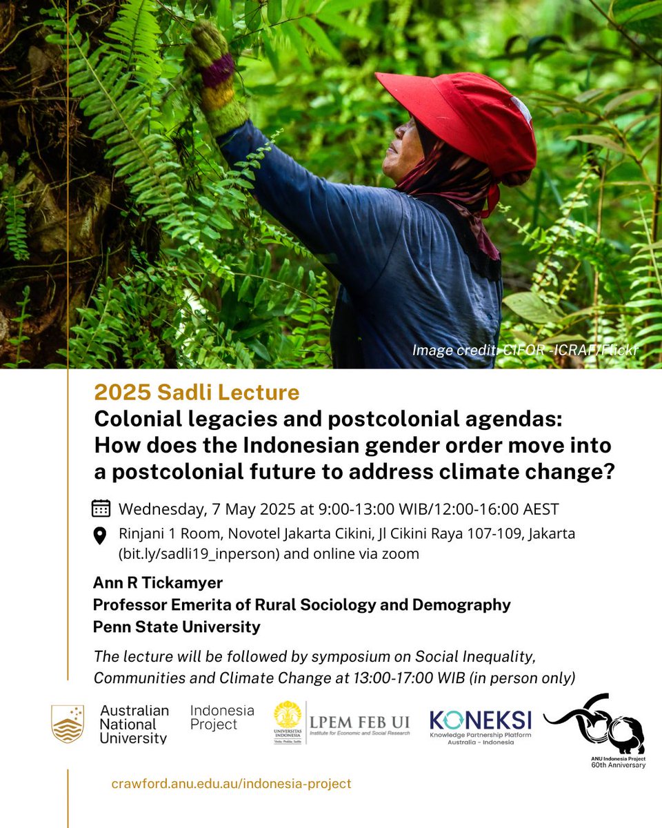 Reminder, tomorrow! Join us for the 19th Sadli Lecture and the Symposium on social inequality, communities and climate change. Register for one or both of the events here: bit.ly/sadli19_inpers…. Full program: crawford.anu.edu.au/event/sadli-le…