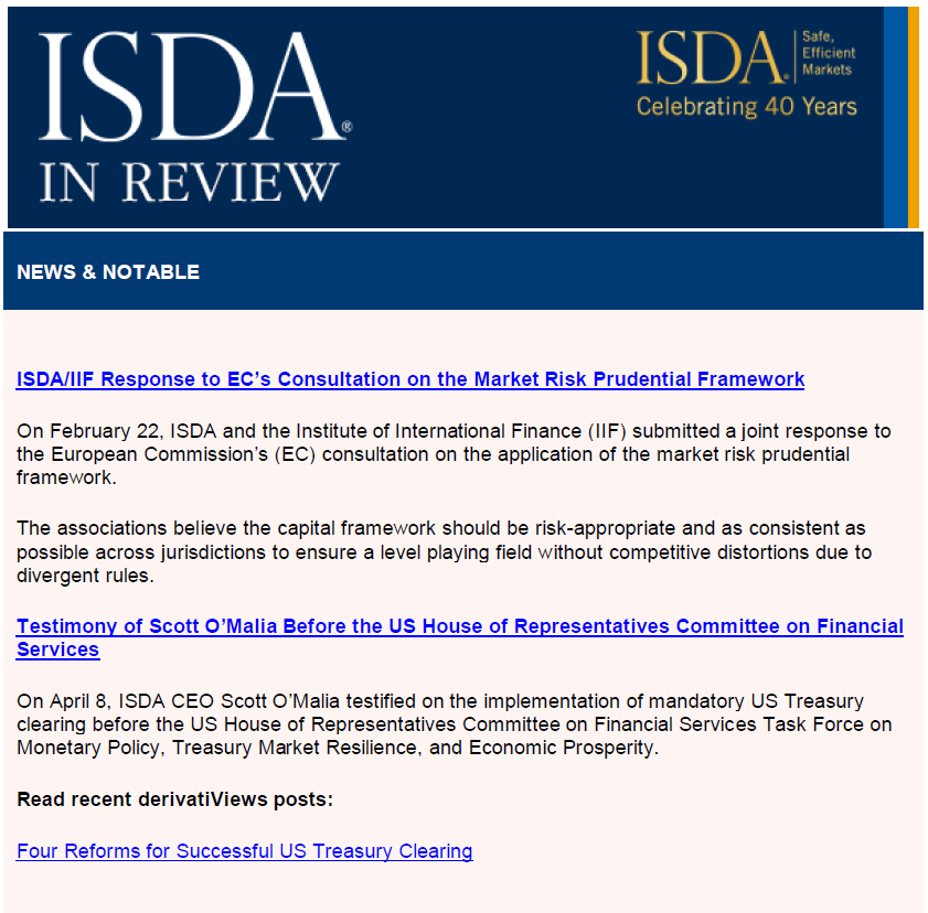 ISDA has published a summary of its publications in April, which includes the latest episode of #TheSwap podcast on ISDA’s Value of OTC #Derivatives report, which shows that companies all over the world use derivatives to alleviate uncertainty, transfer risk and enhance