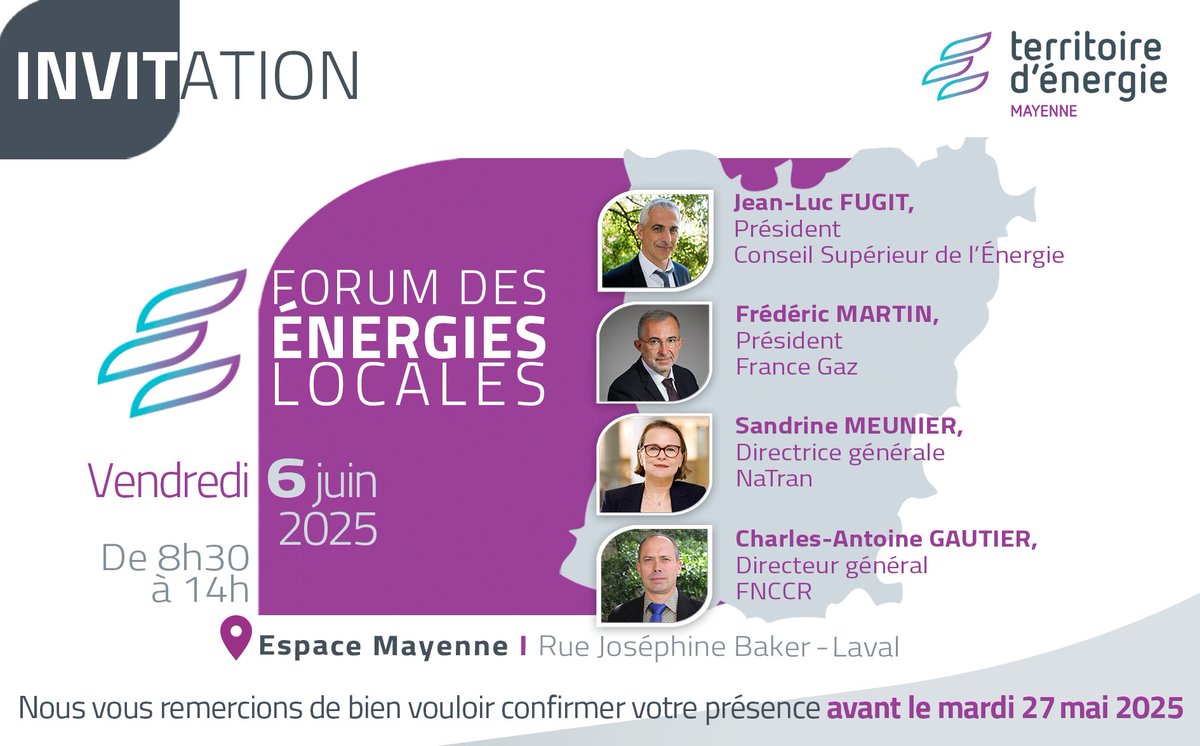 📢 M-1 avant le Forum des énergies locales 2025
📆 Vendredi 6 juin 2025 de 8h30 à 14h à l'Espace Mayenne📍 
👉 Événement privé à destination des élus mayennais, organisé par Territoire d'<a href="/Energie_Mayenne/">Territoire d'Énergie Mayenne 💡</a> 
👉 Invitation envoyée par mail à tous les élus, avec lien d’inscription.