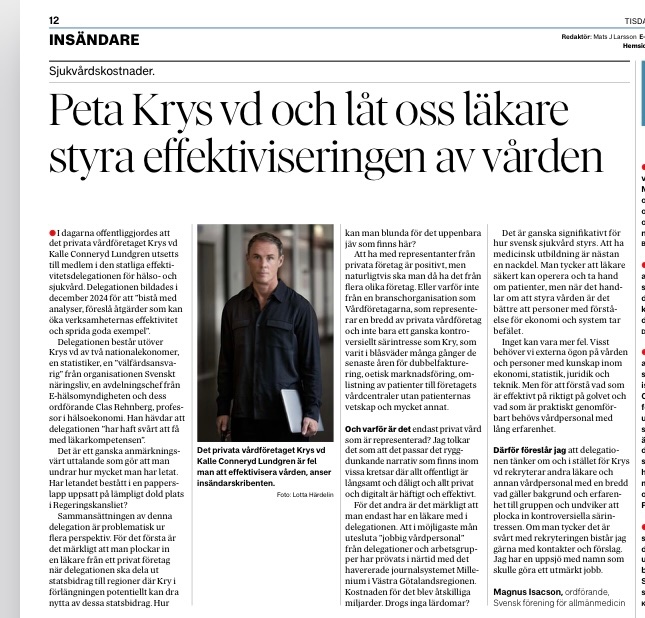 Liv Beckström (@livbeckstrom) on Twitter photo Instämmer med <a href="/magnusisacson/">Magnus Isacson</a> ordförande i Svensk förening för allmänmedicin: Flera tunga skäl talar för att peta vd:m för #Kry som ensam representant för läkarkåren i en delegation som ska dela ut statsbidrag i regioner där företaget verkar - och dessutom anmälts för fusk!
#DN Instämmer med <a href="/magnusisacson/">Magnus Isacson</a> ordförande i Svensk förening för allmänmedicin: Flera tunga skäl talar för att peta vd:m för #Kry som ensam representant för läkarkåren i en delegation som ska dela ut statsbidrag i regioner där företaget verkar - och dessutom anmälts för fusk!
#DN
