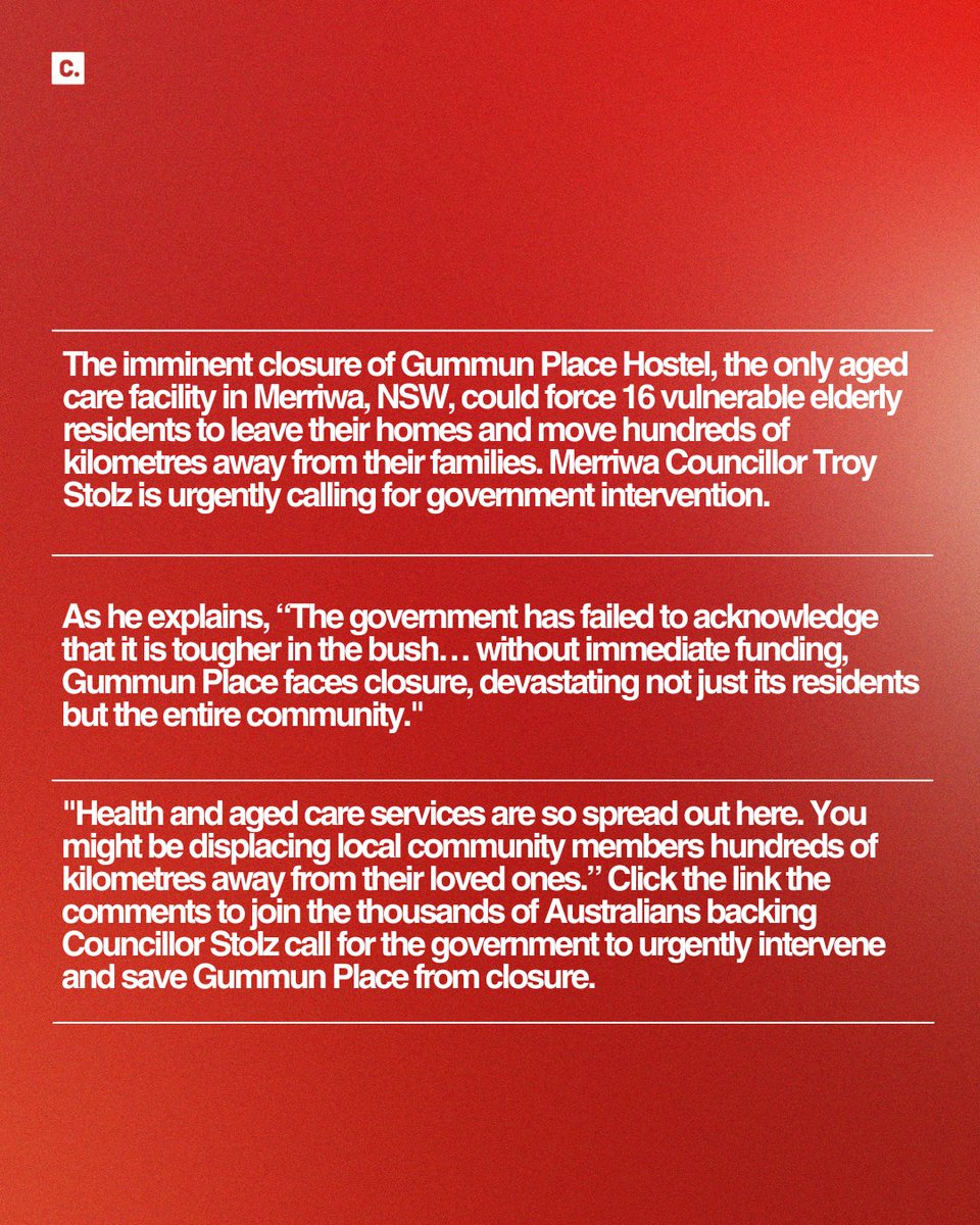 Change.org Australia (@changeaus) on Twitter photo Over 6,000 Australians are supporting <a href="/TroyStolz/">Troy Stolz</a>, who has stage four cancer, in his fight to save Gummun Place Hostel, and stop 16 vulnerable elderly residents from leaving their homes and moving hundreds of kilometres away from their families.
Sign now Change.org/SaveGummunPlac… Over 6,000 Australians are supporting <a href="/TroyStolz/">Troy Stolz</a>, who has stage four cancer, in his fight to save Gummun Place Hostel, and stop 16 vulnerable elderly residents from leaving their homes and moving hundreds of kilometres away from their families.
Sign now Change.org/SaveGummunPlac…