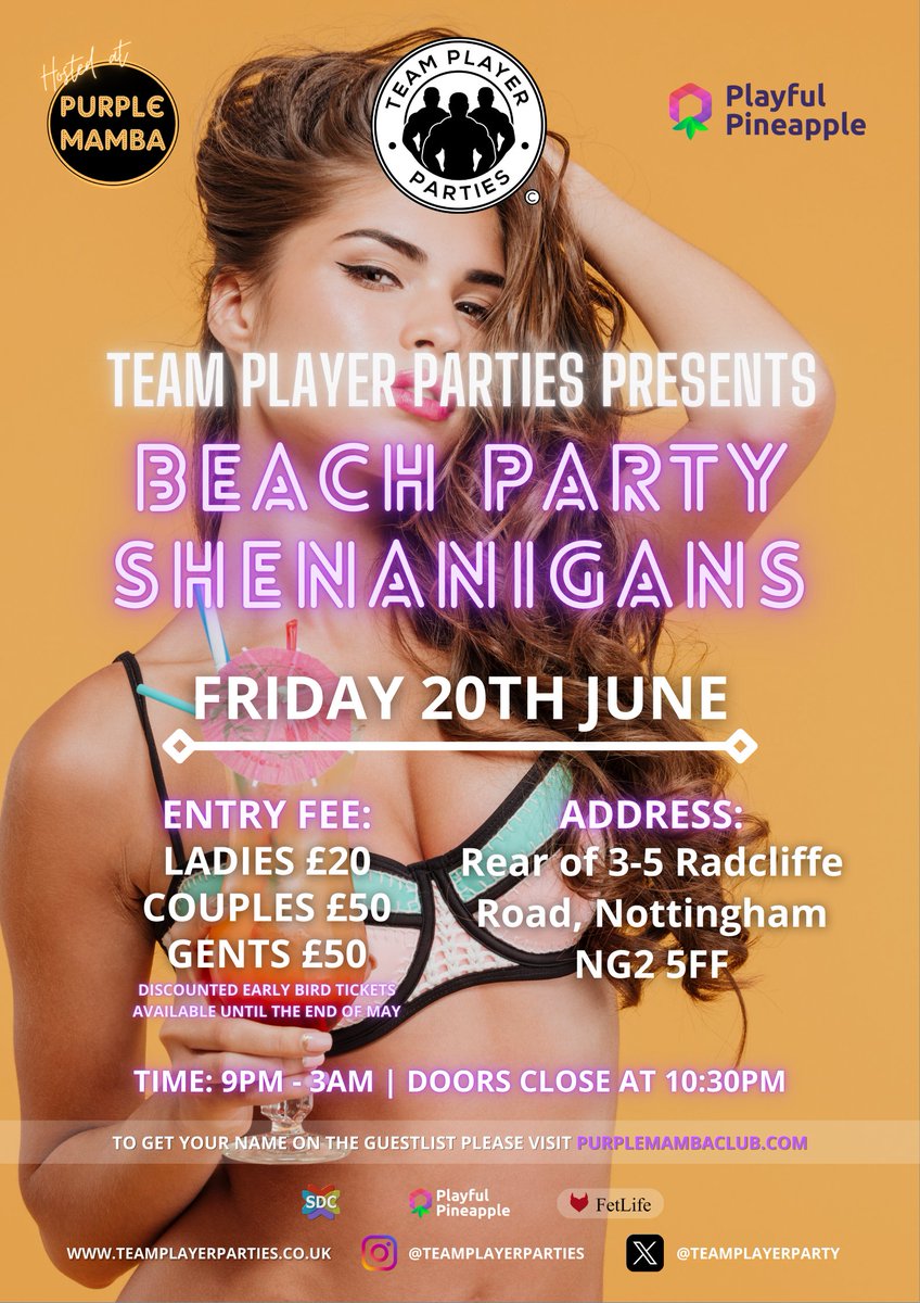 TEAM PLAYER PARTIES:
BEACH PARTY SHENANIGANS 😈

📆 Fri 20th June

📢 Join us <a href="/PurpleMambaClub/">PurpleMambaClub</a> to start summer with a bang! LIMITED EARLY BIRD TICKETS AVAILABLE 🎟

🌐 For more information: teamplayerparties.co.uk

Like ❤️ Repost 🔄 Party 🥳

#Bulls #Hotwives #GreedyGirls #Vixens