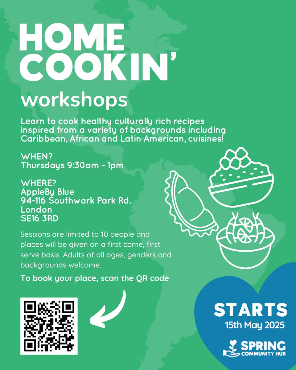 Discover how to prepare healthy and culturally diverse recipes inspired by Caribbean, African, and Latin American cuisines! 

Thursdays 9:30 AM to 1PM 
AppleBy Blue  
94-116 Southwark Park Rd.  

Spaces limited to 10 people.

zfrmz.eu/DNLQ2XdPTSy8BM…