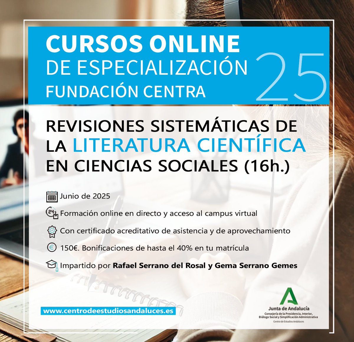 Centro de Estudios Andaluces (@ceandaluces) on Twitter photo 🆕 Curso 'Revisiones Sistemáticas de la literatura científica en Ciencias Sociales'
📆 Del 3 al 26 JUNIO 2025
🎓 Rafael Serrano del Rosal y Gema Serrano
🕓16 horas
En colaboración con <a href="/AAS_Sociologia/">Asociación Andaluza de Sociología (AAS)</a>
Inscripción abierta ✅
centrodeestudiosandaluces.es/cea-actividade…
#FormaciónCENTRA
#CursosOnline 🆕 Curso 'Revisiones Sistemáticas de la literatura científica en Ciencias Sociales'
📆 Del 3 al 26 JUNIO 2025
🎓 Rafael Serrano del Rosal y Gema Serrano
🕓16 horas
En colaboración con <a href="/AAS_Sociologia/">Asociación Andaluza de Sociología (AAS)</a>
Inscripción abierta ✅
centrodeestudiosandaluces.es/cea-actividade…
#FormaciónCENTRA
#CursosOnline