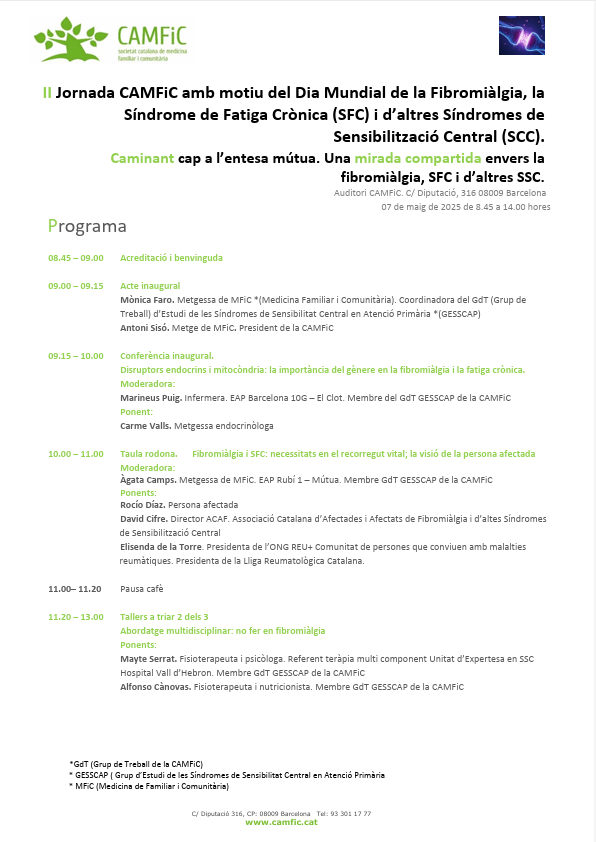 CAMFiC's tweet photo. 🔎 Comprendre per avançar. Demà ens trobem a #CAMFiC per abordar #fibromiàlgia, SFC i SSC amb mirada integradora..

Una jornada que serà molt més que formació:  coneixement i connexió entre professionals i persones afectades.

✍️Inscripcions encara obertes https://t.co/qbOiQ5pJEN https://t.co/FeGN1kFk4x