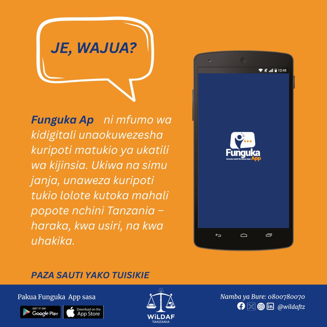 Unakutana na ukatili wa kijinsia?
App ya Funguka inakuwezesha kuripoti haraka, kwa usiri, na bila gharama yeyote – popote ulipo Tanzania.
📱 Pakua leo na pata msaada wa haraka!
#fungukaapp 
#wildaftz