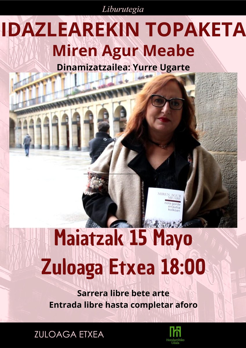 Maiatzaren 15ean Miren Agur Meabe izango dugu <a href="/Hliburutegia/">Hondarribiko Liburutegia</a>|n.