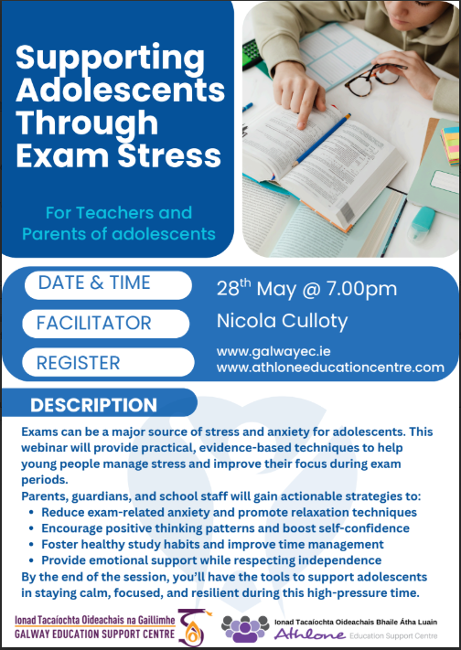 Join Nicola Culloty on Tues 28th May @ 7PM for a free webinar on Supporting Adolescents Through Exam Stress.
🎓 For parents &amp; teachers
🧠 Practical, evidence-based strategies to reduce anxiety &amp; boost resilience
📲athloneeducationcentre.com/cpd-courses/po…