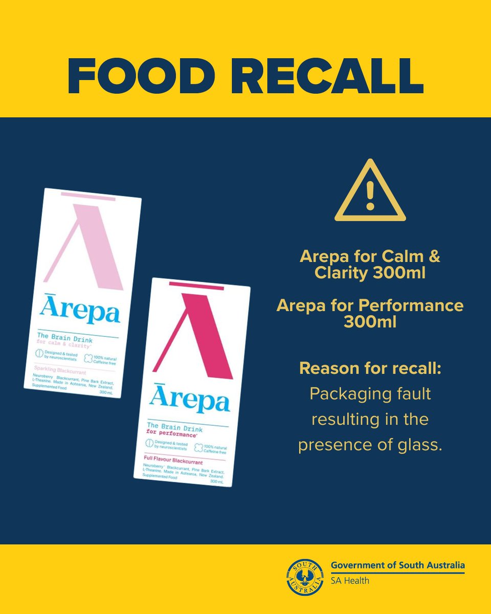 Food recall alert – 
Arepa for Calm &amp; Clarity 300ml (Best Before: 24 Jan 2026)
Arepa for Performance 300ml (Best Before: 22 Jan 2026)

This product has been available for sale online in SA. 

For more information, visit: brnw.ch/21wSr8o