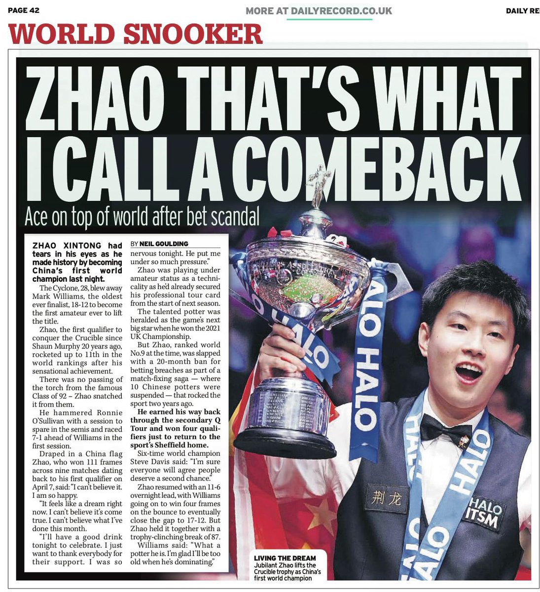 Zhao Xintong became China’s first world champion last night. Here’s my paper coverage from the final