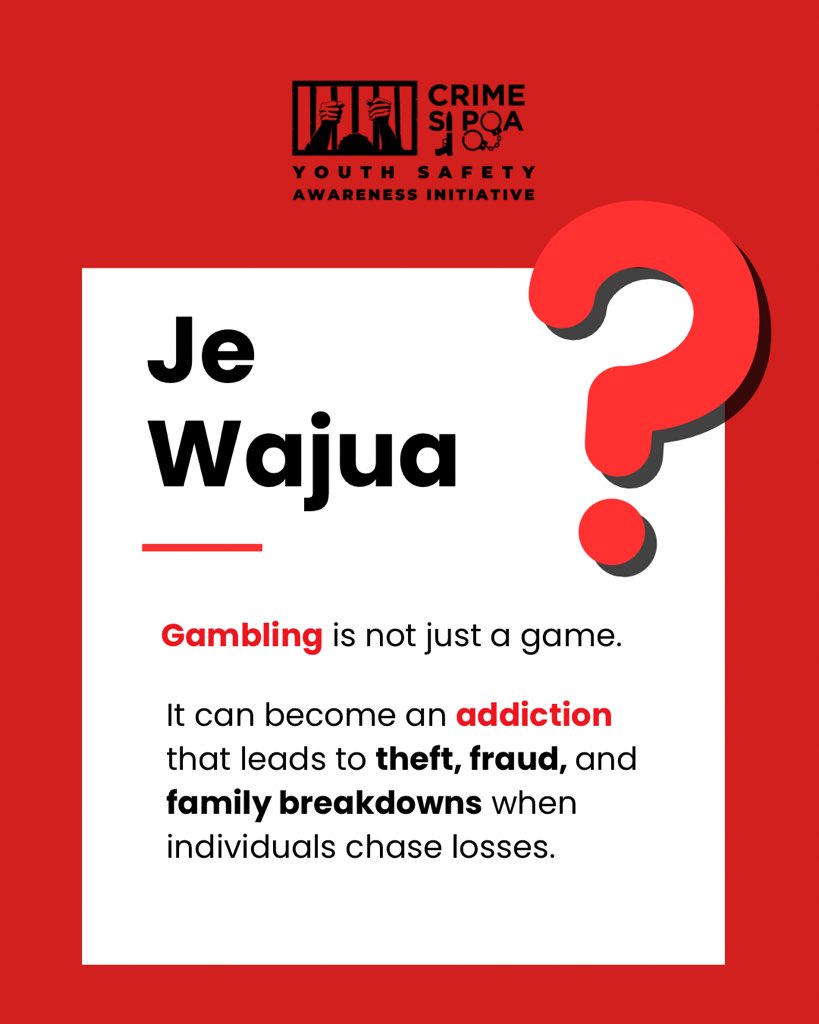 CrimeSiPoaKenya's tweet photo. Did you know that most gamblers lose money over time, making betting companies the real winners? What other facts do you know about gambling? Share them in the comment section.
#crimesipoa #gamblingproblem https://t.co/HSTlgBAD0R