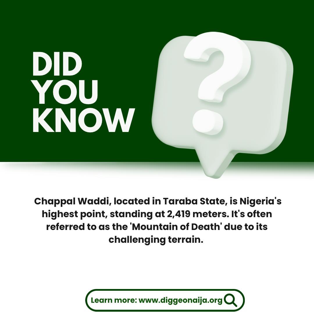 dig_geo_naija's tweet photo. Did you know? Chappal Waddi, located in Taraba State, is Nigeria's highest point, standing at 2,419 meters. It's often referred to as the 'Mountain of Death' due to its challenging terrain. https://t.co/dNth1GbdTZ