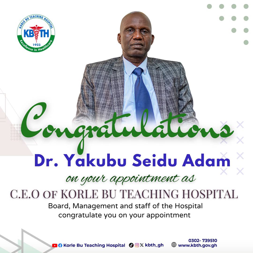 Congratulations to our new CEO, Dr. Yakubu Seidu Adam, from the Board, Management and staff of the Hospital. ⚕️

Details of his profile coming up shortly..