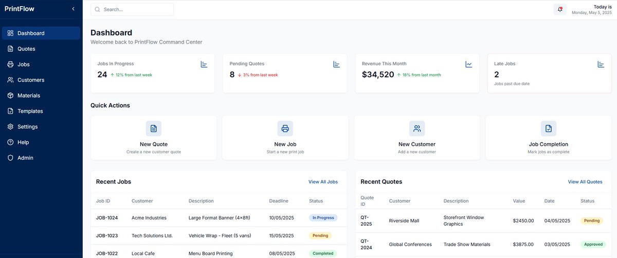 SwarmDigitalUK's tweet image. Follow along the journey! 👇
The dashboard is taking shape but we still need a product name...Any suggestions?
#PrintMIS #LargeFormat #SignShop #SaaS #AIdev