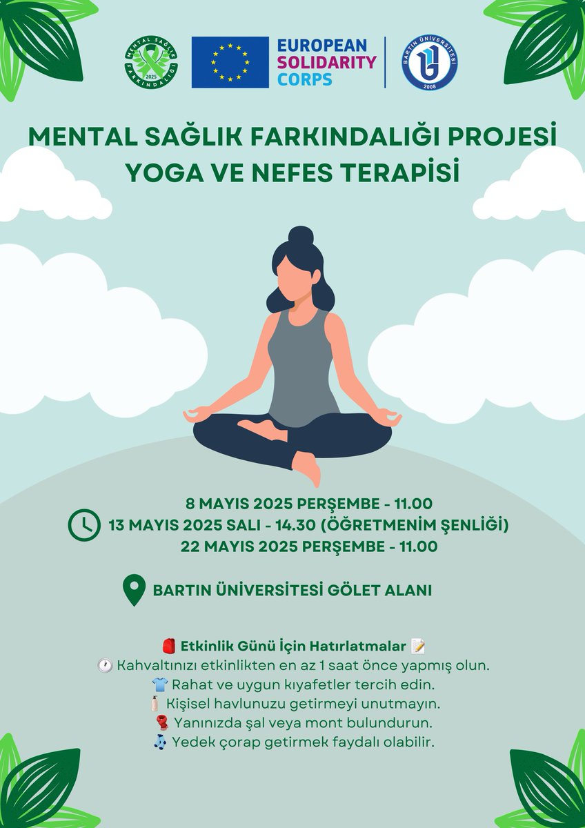 📍Bartın Üniversitesi Gölet Alanı’nda gerçekleştireceğimiz yoga ve nefes terapisi etkinliğimize seni de bekliyoruz.
📅•8 Mayıs 2025 Perşembe - 11.00
 • 13 Mayıs 2025 Salı - 14.30 (Öğretmenim şenliği)
 • 22 Mayıs 2025 Perşembe - 11.00

<a href="/baruedutr/">Bartın Üniversitesi</a> <a href="/uzun_orhan/">ORHAN UZUN</a> <a href="/Mehmet_Ceylann/">Mehmet Ceylan</a>