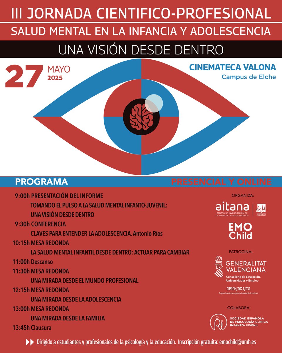 🎙️ Con expertos del proyecto #EmoChild, orientadores, familias y estudiantes compartiendo experiencias reales, buscamos un enfoque más humano y efectivo para abordar la salud mental.
🎓 Dirigido a familias, estudiantes y profesionales de la psicología y la educación
Más info ⬇️