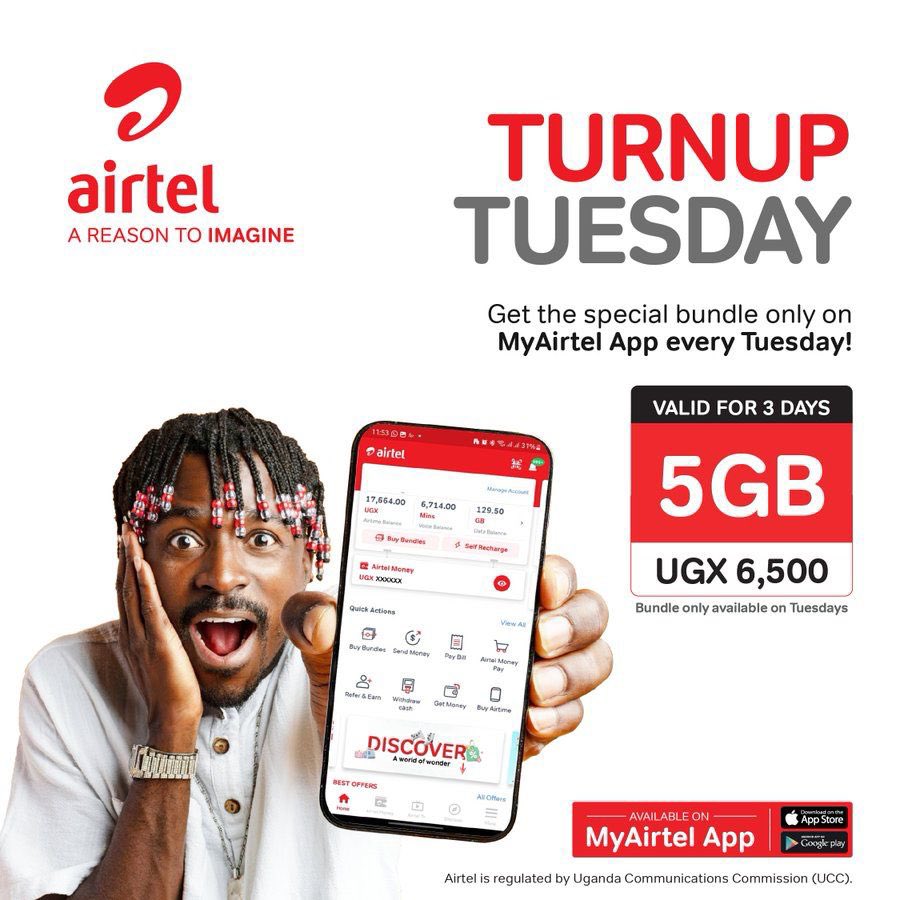 Get 5GB valid for 3 days at only Ugx 6,500 on the #MyAirtelApp every Tuesday.
#TurnUpTuesday