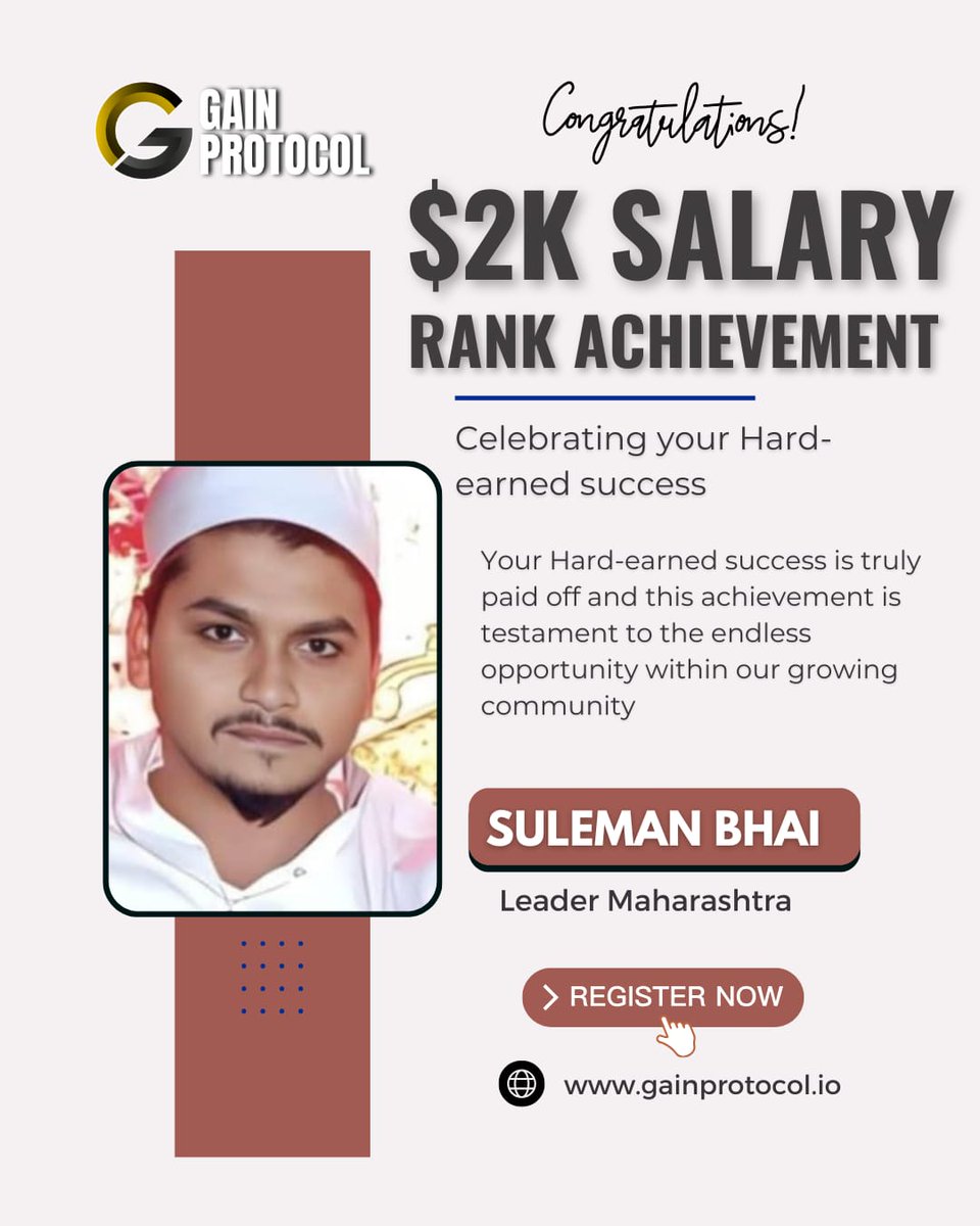 Minakshi1136668's tweet image. 🎉 Huge congratulations to Suleman Bhai from Maharashtra for hitting the $2K Salary Rank Achievement with Gain Protocol! 🏆

🔗 Visit: gainprotocol.io

💼 Let’s grow together!

#GainProtocol #SuccessStory #2KSalaryAchiever #Leadership #MaharashtraLeaders #TeamSuccess