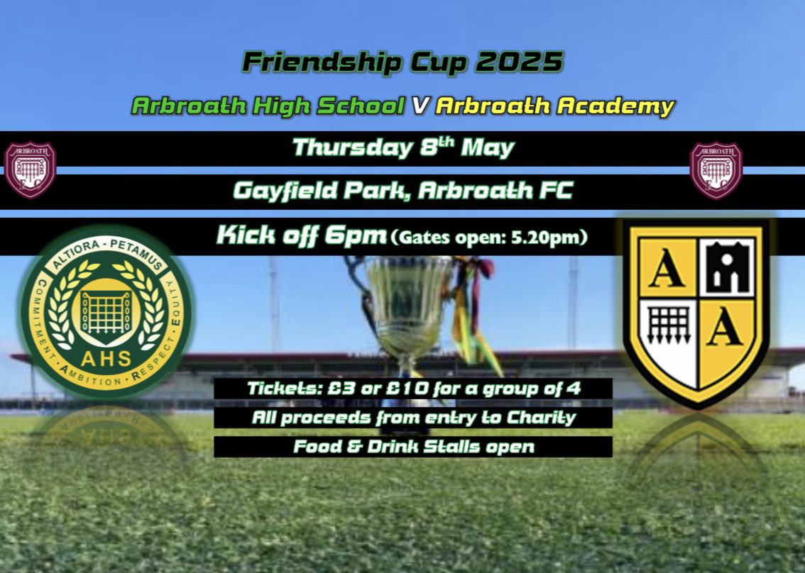 AHS Physical Education (@ahs_physed) on Twitter photo This week The 2025 Edition of The Friendship Cup is at Gayfield Park!
Entry is ยฃ3 or ยฃ10 for a group of 4. All proceeds to charity๐๏ธ๐ฐ
Food and drink stalls open ๐ญ๐ฅค
Gates open 5.20pm ๐๐ป
Kick off 6pmโฝ๏ธ
<a href="/ArbroathFCTrust/">Arbroath FC Community Trust</a>
<a href="/ArbroathFC/">Arbroath FC</a>
<a href="/ArbroathAcadPE/">ArbroathAcademyPE</a>
<a href="/ArbroathHigh/">Arbroath High School</a> This week The 2025 Edition of The Friendship Cup is at Gayfield Park!
Entry is ยฃ3 or ยฃ10 for a group of 4. All proceeds to charity๐๏ธ๐ฐ
Food and drink stalls open ๐ญ๐ฅค
Gates open 5.20pm ๐๐ป
Kick off 6pmโฝ๏ธ
<a href="/ArbroathFCTrust/">Arbroath FC Community Trust</a>
<a href="/ArbroathFC/">Arbroath FC</a>
<a href="/ArbroathAcadPE/">ArbroathAcademyPE</a>
<a href="/ArbroathHigh/">Arbroath High School</a>
