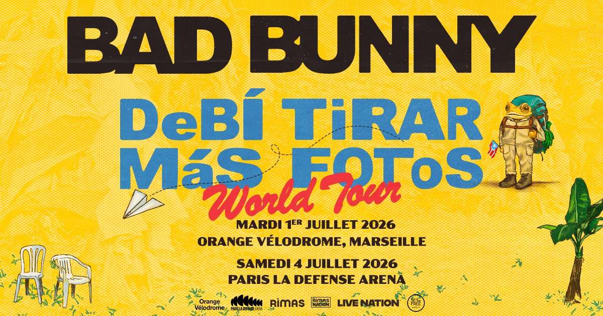 Bad Bunny en concert en France en juillet 2026 pour de sa tournée  "Debí Tirar Más Fotos World Tour"…🌶️🎶

📍 Marseille : 1er juillet 2026 – Orange Vélodrome
📍 Paris : 4 juillet 2026 – Paris La Défense Arena

🎟️ Disponible vendredi 9 mai à 12h sur See Tickets