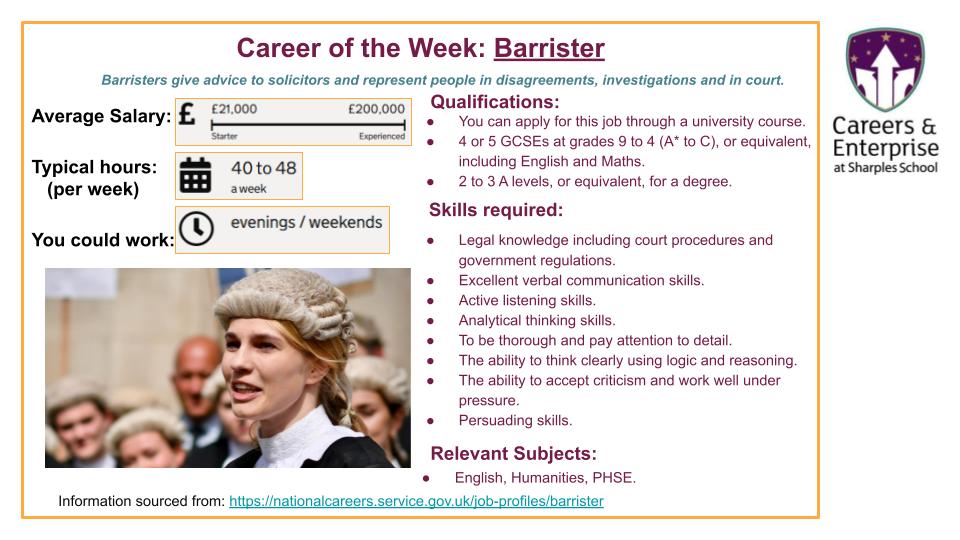 🧑‍⚖️Barrister is our Career of the Week!
🗣️Providing advice to solicitors and representing people in disagreements, investigations and in court🏦
🔎Find out more at: nationalcareers.service.gov.uk/job-profiles/b…
<a href="/SharplesSchool/">Sharples School</a>