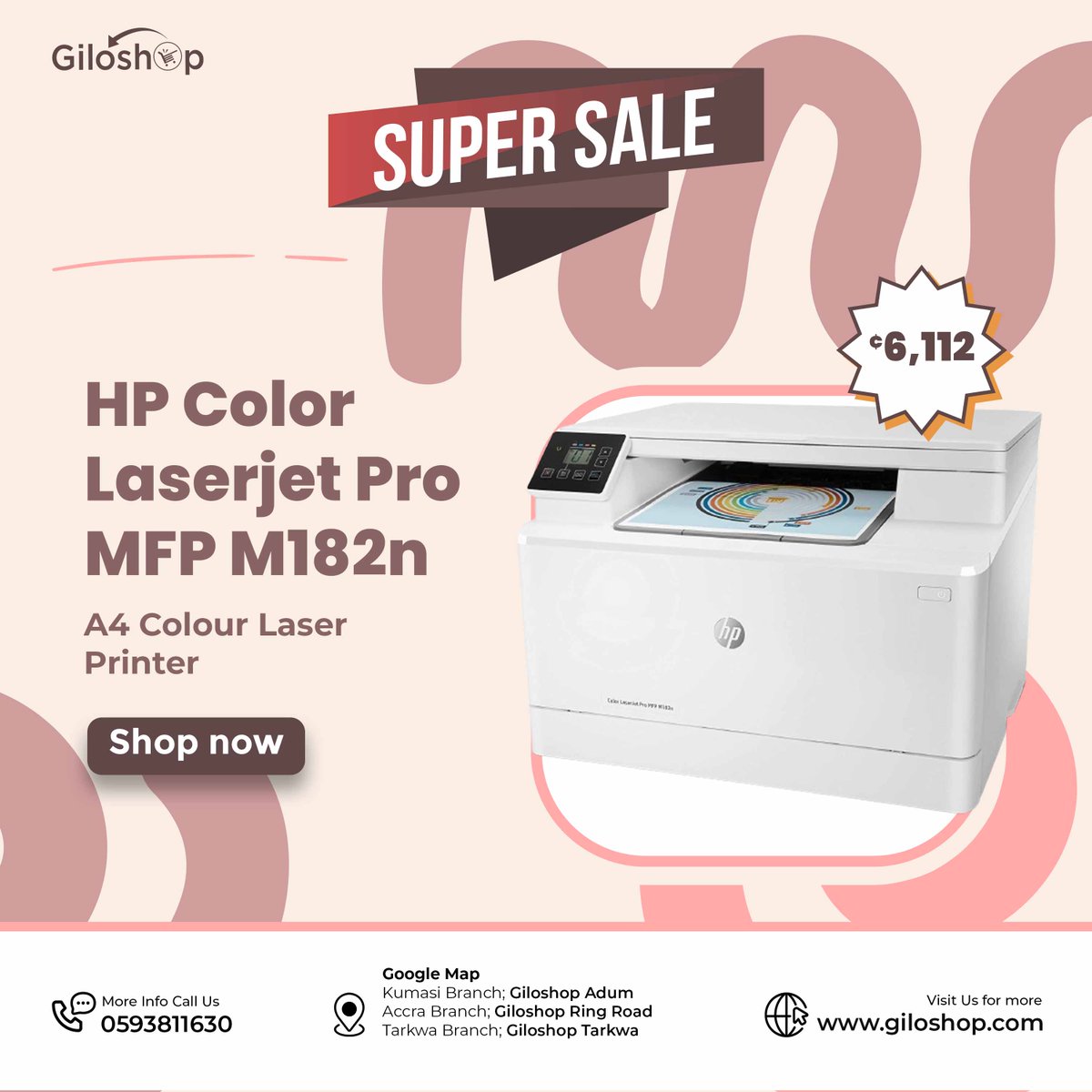 giloshop's tweet image. HP Color Laserjet Pro MFP M182n A4 Colour Laser Printer

Price: ¢ 6,112
Shop Online at giloshop.com and get super sonic delivery in 24hrs.

In-shop pickup or delivery available✅
SHOP WITH US FOR THE BEST DEALS
#giloshop #computershop #MultiFunctionPrinter #laptops