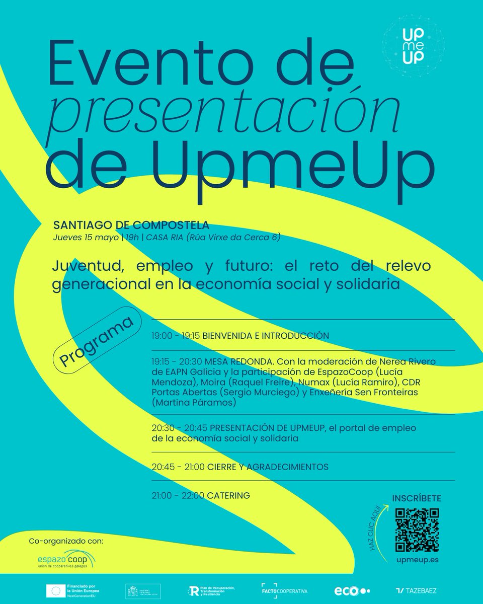 Este 15 de mayo se presenta el nuevo portal de empleo de la economía social y solidaria: UpmeUp 2.0 💜
📍 Casa RIA | 🕖 19:00 h
📣 Con mesa redonda sobre juventud y ESS
🥗 Y un catering final para compartir 💬

🔗 Inscripción aquí:
👉 upmeup.es/tour-upmeup-ev…