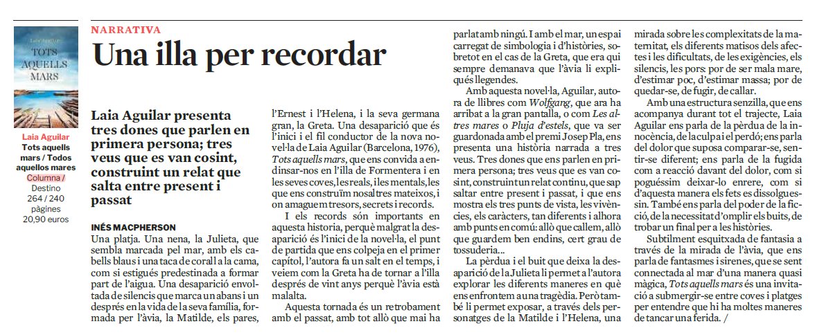 “#LaiaAguilar ens parla de la pèrdua de la innocència, de la culpa i el perdó; del dolor que suposa comparar-se, sentir-se diferent; ens parla de la fugida com a reacció davant del dolor, com si poguéssim deixar-lo enrere.”
 ✨ #TotsAquellsMars , una novel·la que et travessa.