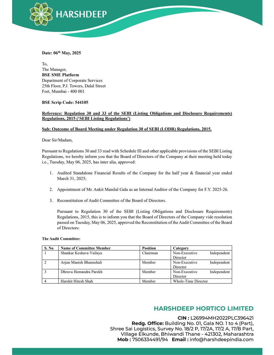 nileshkurhade's tweet photo. 📌 Harshdeep Hortico Ltd informed the exchange about its approval for the financial results for the period ended March 31, 2025. #SME #HARSHDEEP 📄🧾 https://t.co/hr2Ac6B8To