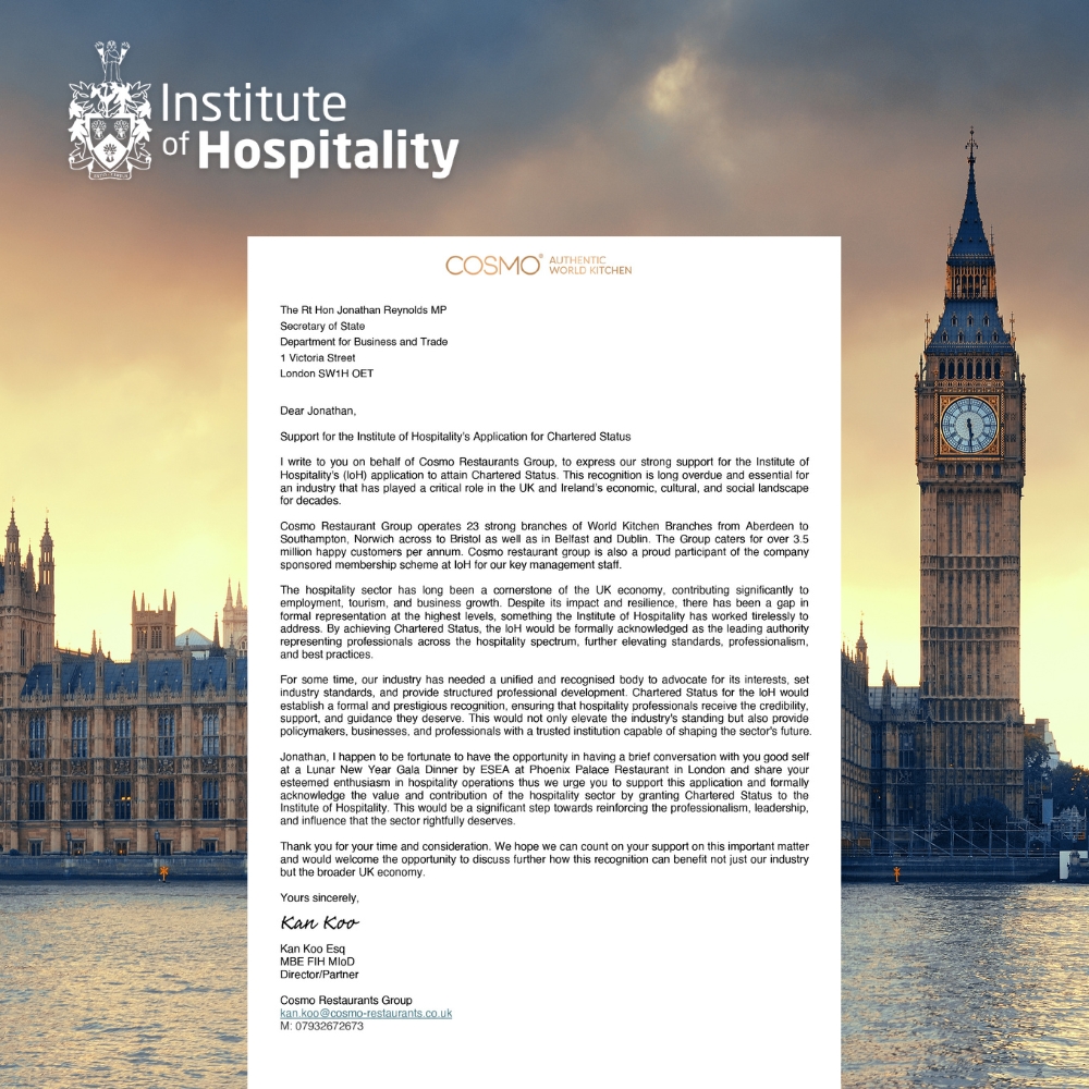 Institute of Hospitality (@ioh_online) on Twitter photo Thank you to <a href="/CosmoRestaurant/">Cosmo Restaurants</a> for supporting our application for Chartered Status by sending a letter to the UK government's Secretary of State for Business and Trade.
We are incredibly grateful for your support.
#CharteredStatus #HospitalityFamily #SupportForChange Thank you to <a href="/CosmoRestaurant/">Cosmo Restaurants</a> for supporting our application for Chartered Status by sending a letter to the UK government's Secretary of State for Business and Trade.
We are incredibly grateful for your support.
#CharteredStatus #HospitalityFamily #SupportForChange