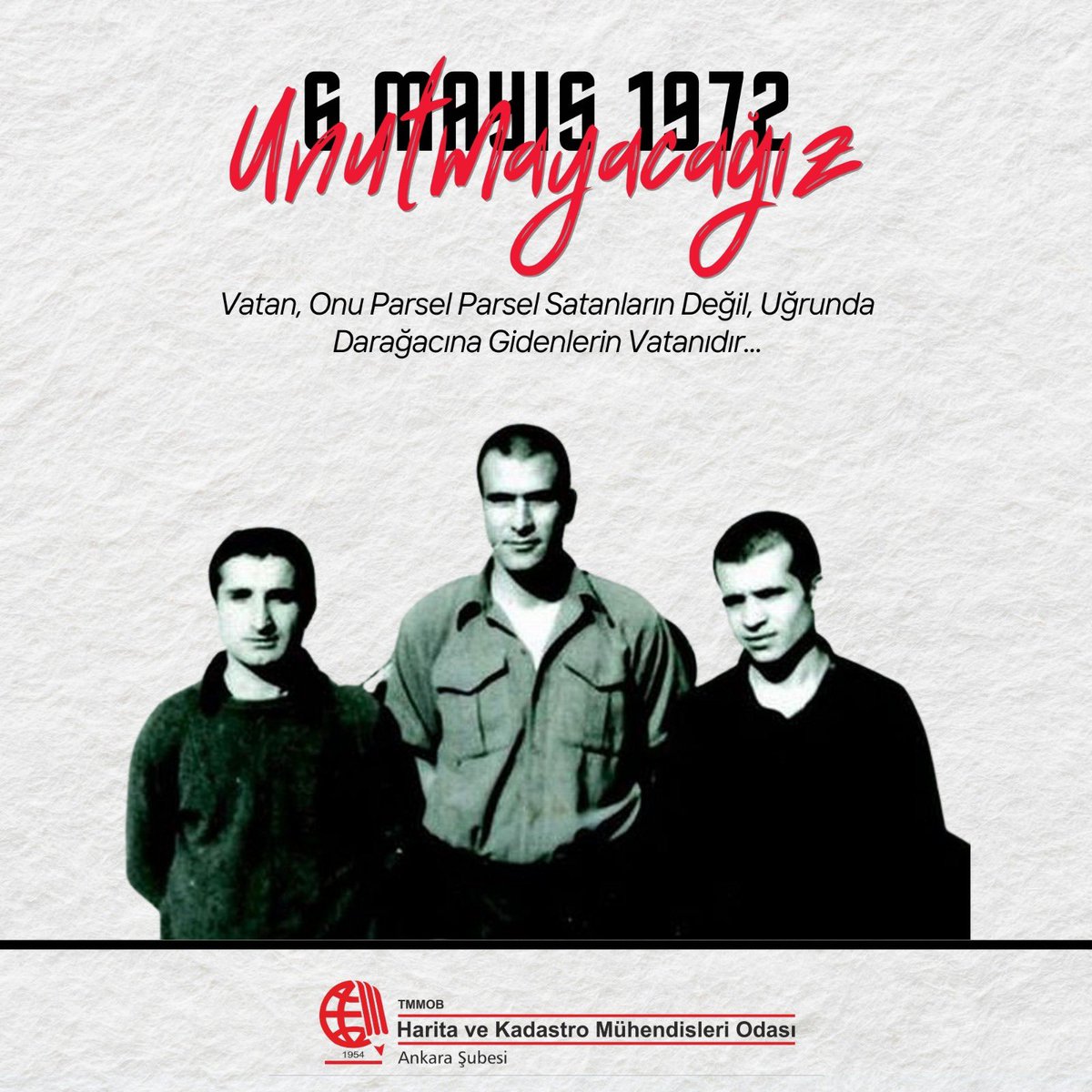 hkmoankara's tweet photo. “VATAN, ONU PARSEL PARSEL SATANLARIN DEĞİL, UĞRUNDA DARAĞACINA GİDENLERİN VATANIDIR...”

Deniz Gezmiş, Yusuf Aslan ve Hüseyin İnan’ın idam edilmelerinin 53. yılı dolayısıyla düzenlenecek olan anma etkinliği 6 Mayıs saat 12.30’da Karşıyaka Mezarlığı’nda gerçekleşecektir. https://t.co/TfcnkBLRhH