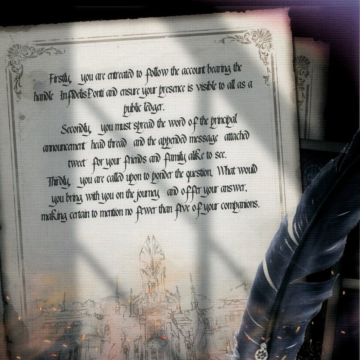 InfidelisPonti's tweet image. ⠀⠀⠀
𝕭y the most beneficient decree of the 𝖂ayward 𝕶ing, a fortunate soul amongst ye shall soon possess passage most rare. 𝕬ttend closely, for a single ticket, granting one seat upon the gallant 𝕷ario—bound for the endless dreams—shall be bestowed freely.
⠀⠀⠀
