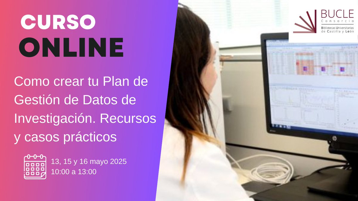#CursoBibliotecaUBU | El Consorcio BUCLE promueve el curso ONLINE «Cómo crear tu Plan de Gestión de Datos de Investigación (PGDI). Recursos y casos prácticos»,
•13, 15 y 16 mayo
•Por la mañana
Inscripción en:
►consorciobucle.es/2025-04-29ndp/