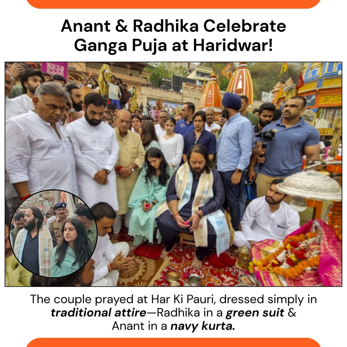 Anant Ambani and Radhika Merchant offer their prayers at Har Ki Pauri, Haridwar, dressed in traditional attire.

With Anant in a navy kurta and Radhika in a green suit, their humble gesture reflects their deep faith and connection to Indian traditions🙏

#AnantAmbani