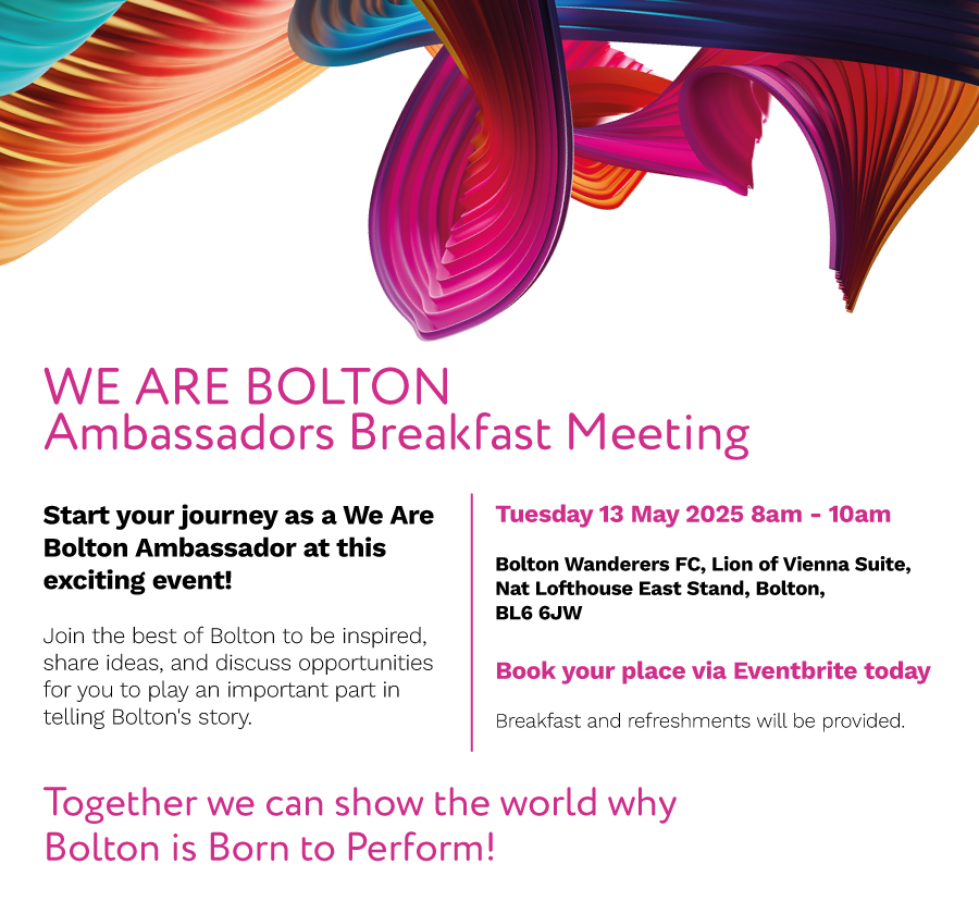There is a week to go until our first We Are Bolton Ambassadors Breakfast meeting and you're invited!

If you're passionate about Bolton, this is an event to not be missed! Secure your place👉bit.ly/Bolton-Ambassa…

Together we can show the world why Bolton is Born to Perform!✨