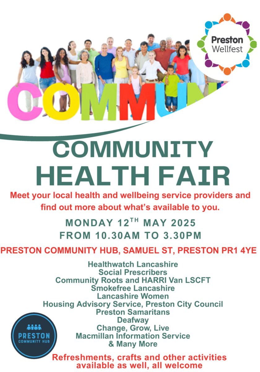 Preston Wellfest (@prestonwellfest) on Twitter photo Its under a week until our Health & Wellbeing fair being held <a href="/PrestonComHub/">Preston Community Hub</a>.
Why not come down and meet you local health & wellbeing providers and find out what's available to you.
We can wait to see you there
#Wellbeing #Preston Its under a week until our Health & Wellbeing fair being held <a href="/PrestonComHub/">Preston Community Hub</a>.
Why not come down and meet you local health & wellbeing providers and find out what's available to you.
We can wait to see you there
#Wellbeing #Preston