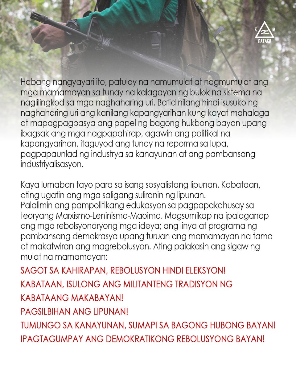 OPISYAL NA PAHAYAG NG KM-DATAKO PARA SA 2025 MID-TERM ELECTION 

Ating palakasin ang sigaw ng mulat na mamamayan:
SAGOT SA KAHIRAPAN, REBOLUSYON HINDI ELEKSYON!
