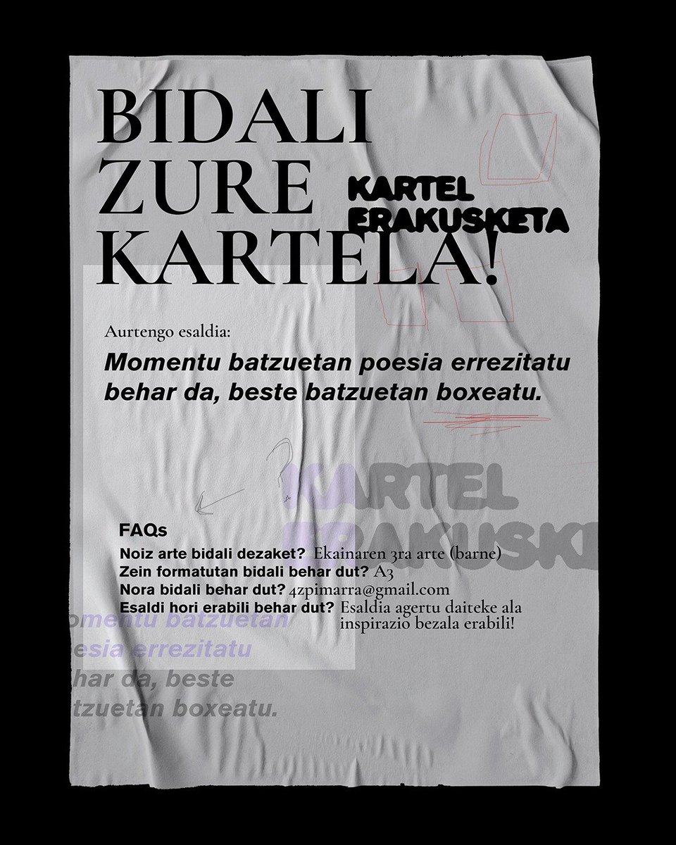 Bueltan dugu literatur jaialdia, eta harekin batera, aurreko urtean egin bezala, zuen diseinuekin osatutako kartel erakusketa! 😙

Hartu tarte bat irakurri, ideiei buelta bat eman eta zure okurrentzia kartelean adierazteko! Zuen diseinuen zain geratzen gara, animo!🥰